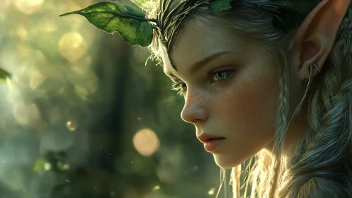 Forest elf portrait in luminous green bokeh glow.