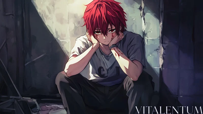 Injured red haired teen in chiaroscuro alley enclosure.