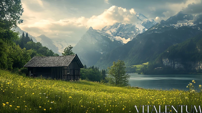 Lakeside meadow cabin under storytelling mountainscape.