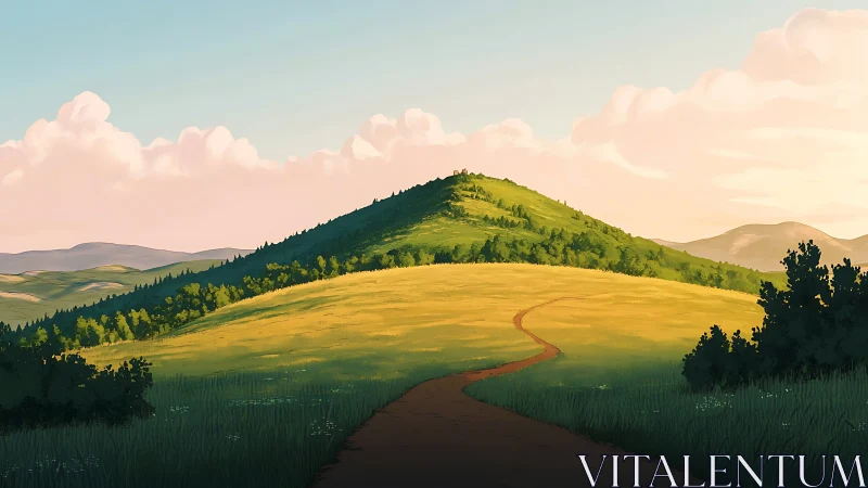 Winding dirt path crosses sunlit meadow toward green hill