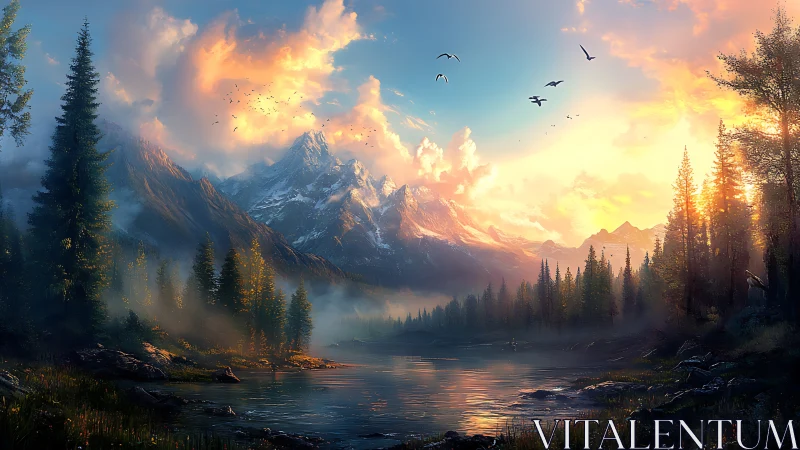Mountain lake at sunrise with mist, forest, and flying birds.