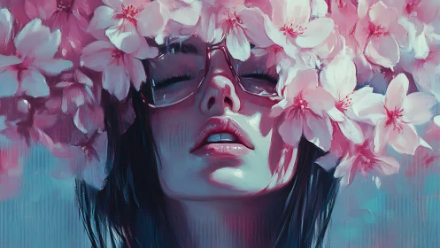 Blossom crowned dreamer bathed in electric pastel light.