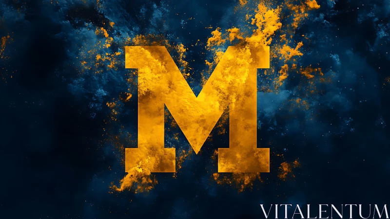 Blazing golden M erupts through storm-dark cosmic clouds.