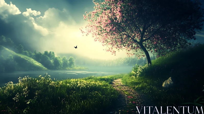 Soft morning light along a lakeside blossom path.