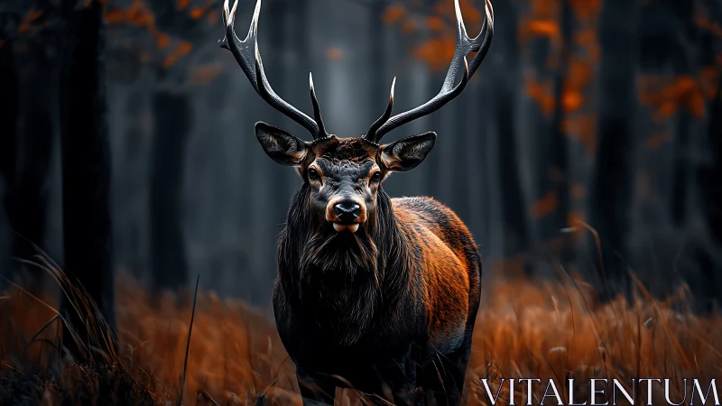 Majestic stag rendered in high-contrast digital forest chiaroscuro