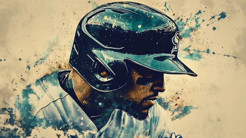 Digital painting profile of focused baseball batter in motion.