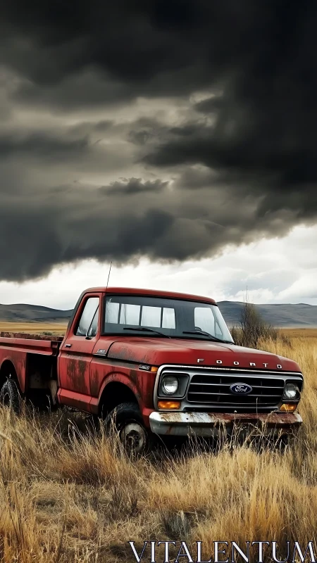 Weathered red pickup truck rests in stormy prairie field