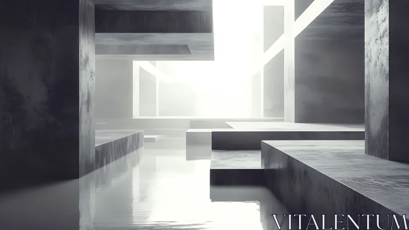 Minimalist Concrete Interior with Reflective Surfaces and Natural Light.