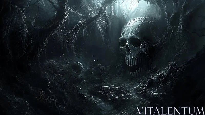 Gigantic skull with teeth in dark, decayed forest ravine.