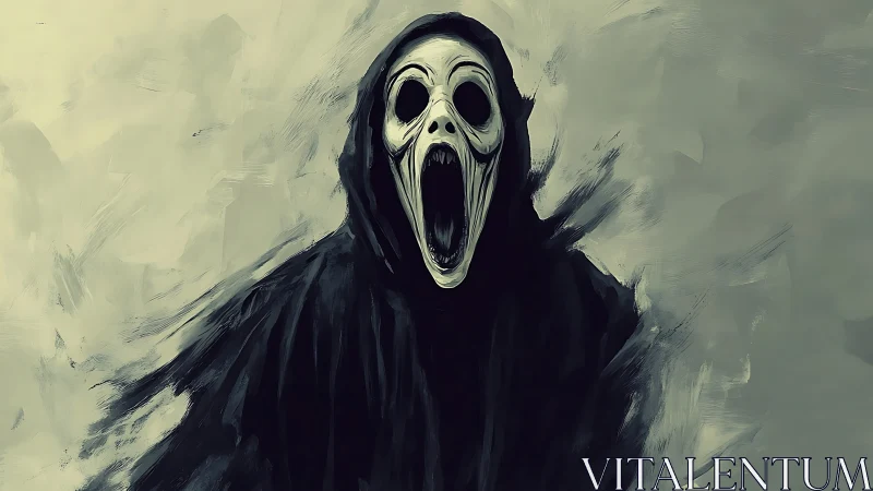Hooded wraith screams amid swirling desaturated fog.