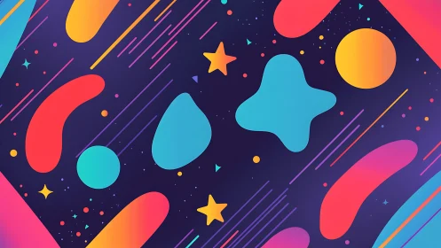 Neon geometric blobs with gradients on deep cosmic navy background.