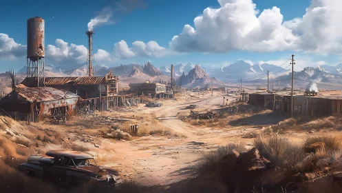 Desert highway crosses a rusted industrial ghost town.