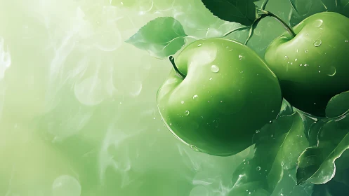 Luminous green apples drifting in a cool morning mist.