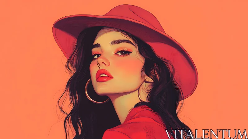 Woman in red hat looks over shoulder on coral background