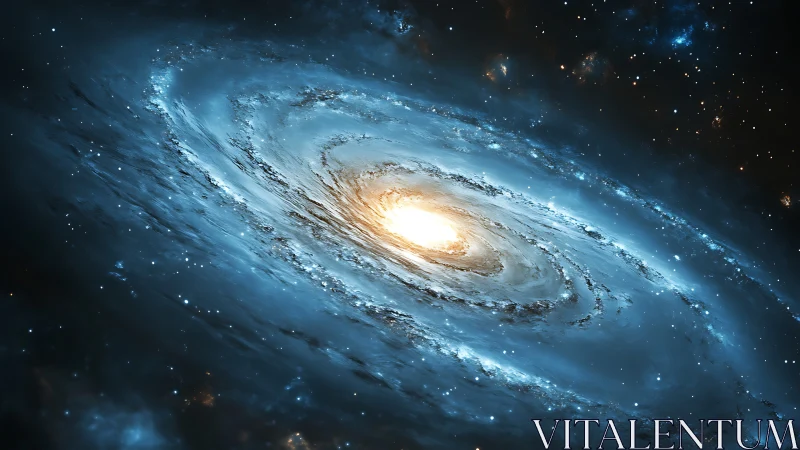 Luminous galactic core ignites swirling blue star fields.