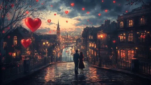 Couple Under Red Heart Balloons in Historic City.