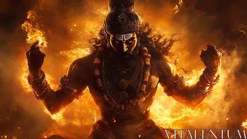 Fiery warrior deity stands in glowing orange inferno background