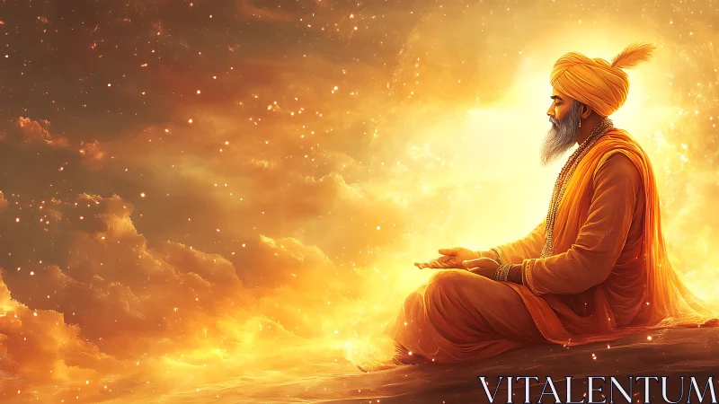 Luminescent sage in meditative equilibrium within solar nebula.