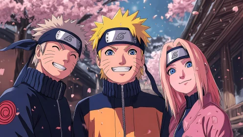 Smiling ninja friends under soft falling cherry blossoms.