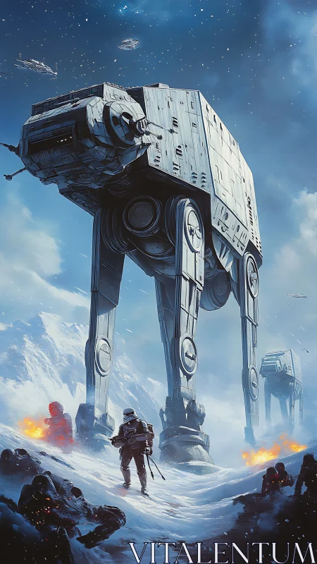 Epic walkers stride across a blazing snowy battlefield