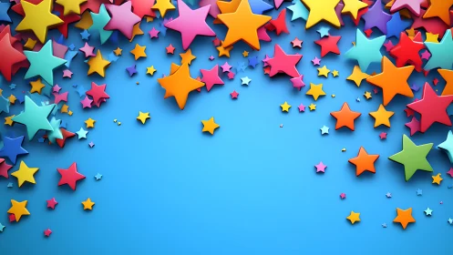 Color-splashed 3D stars cascading across vivid blue field.