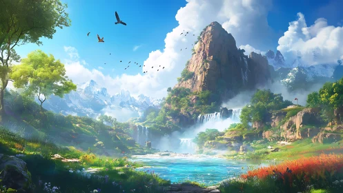 Verdant alpine valley with tiered waterfalls and turquoise lake