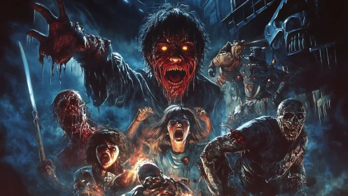 Digital painting horror tableau with lunging undead ensemble.