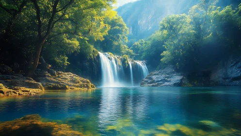 Forest waterfall and reflective pool in soft morning light.