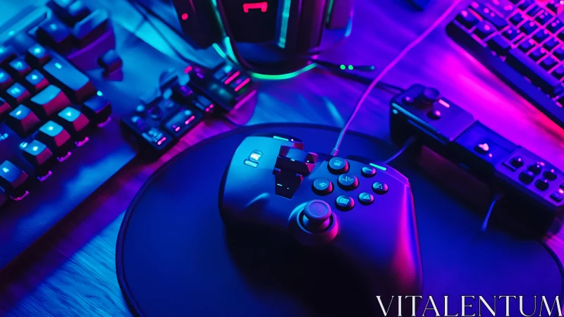 Gaming controller and peripherals under neon lighting.