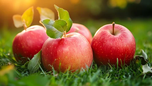 Sunlit garden apples glowing like jewels in soft grass.