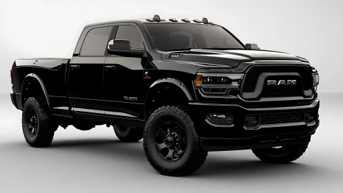 Black heavy-duty crew cab pickup truck in studio lighting.