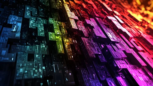 Futuristic 3D Cityscape in Vivid Rainbow Hues, Abstract Style.