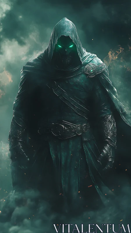 Armored spectral assassin with glowing eyes in volumetric fog