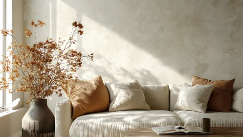 Sunlit neutral sofa with dried foliage and soft cushions.