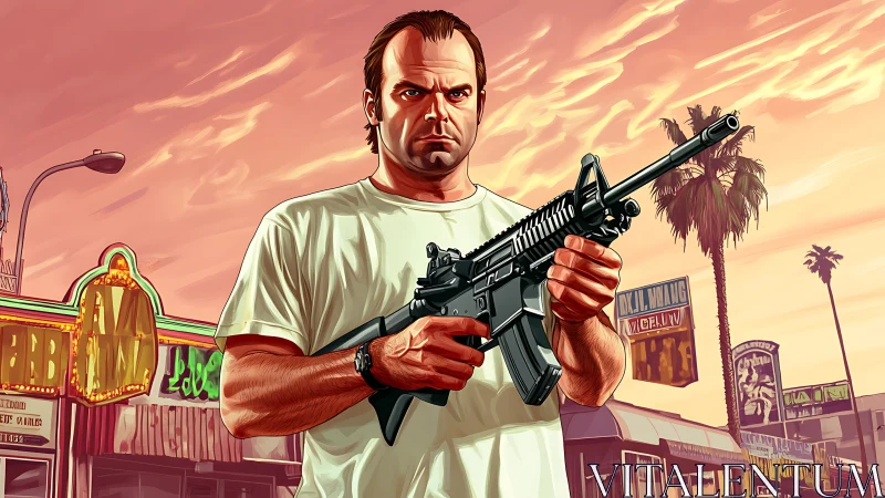 Armed man dominates stylized urban sunset environment