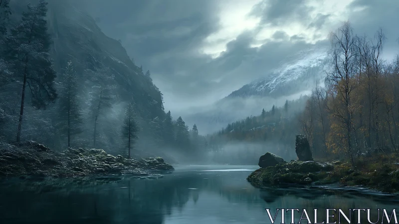 Misty mountain lake reflects brooding winter sky at dawn.