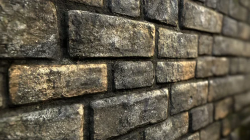 Weathered stone brick wall in shallow focus perspective.