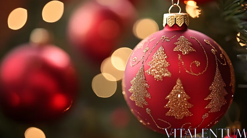 Cozy red Christmas ornaments glowing in soft holiday light.