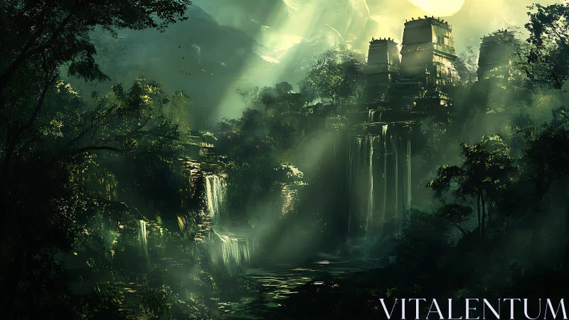 Sunlit jungle temple towers rise above cascading waterfalls