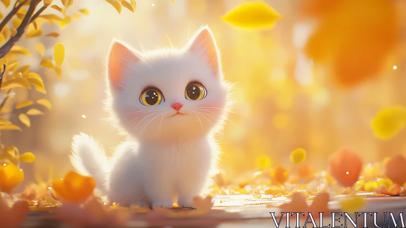 Adorable White Kitten in Autumn Golden Light.