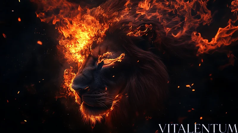 Fiery lion head erupts in swirling inferno against darkness.