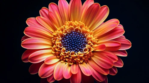 Fiery Gerbera Daisy Bursts in Chromatic Splendor Against Darkness.