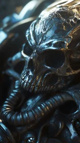 Metallic sci fi skull mask with tubes in cold light.