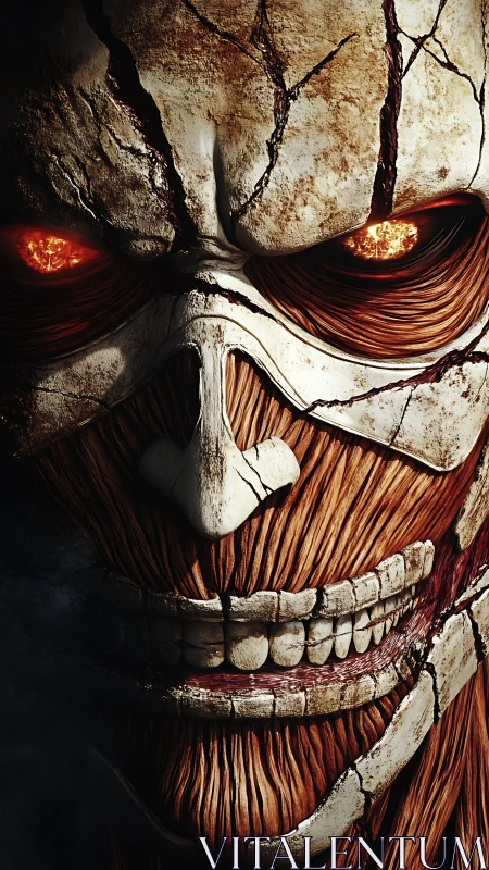 Digital painting close-up of cracked skeletal titan visage.