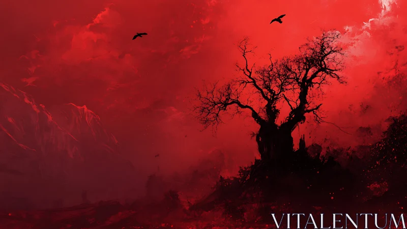 Crimson stormscape with skeletal tree and circling corvids.