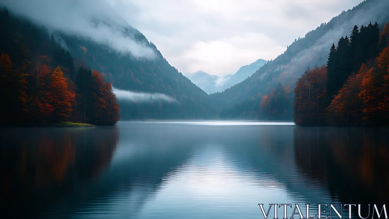 Mountain lake with misty forested slopes in autumn light.