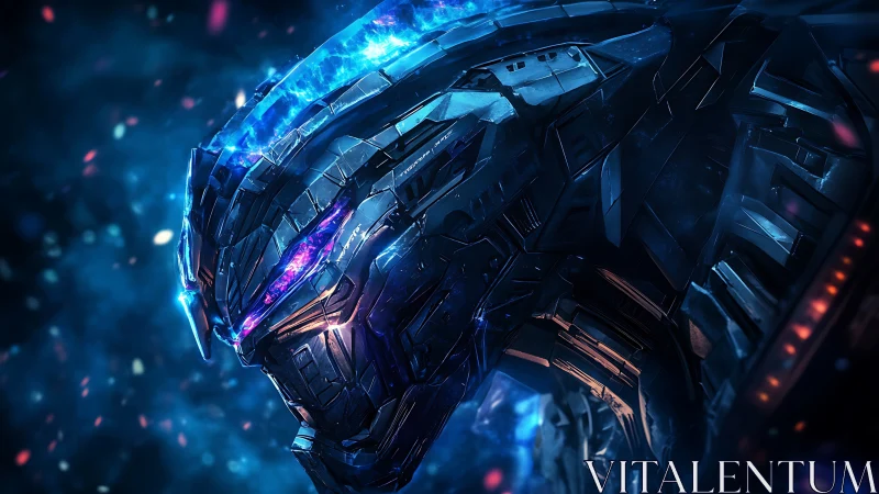 Mechanical dragon head rendered with glowing blue highlights