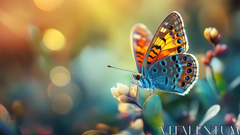 Macro digital painting of butterfly on blossom with bokeh field.