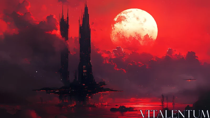 Bloodred moon crowns a hovering fortress above ember seas