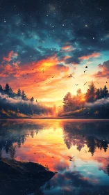 Astrophysical dusk over reflective forest lake horizon plane.